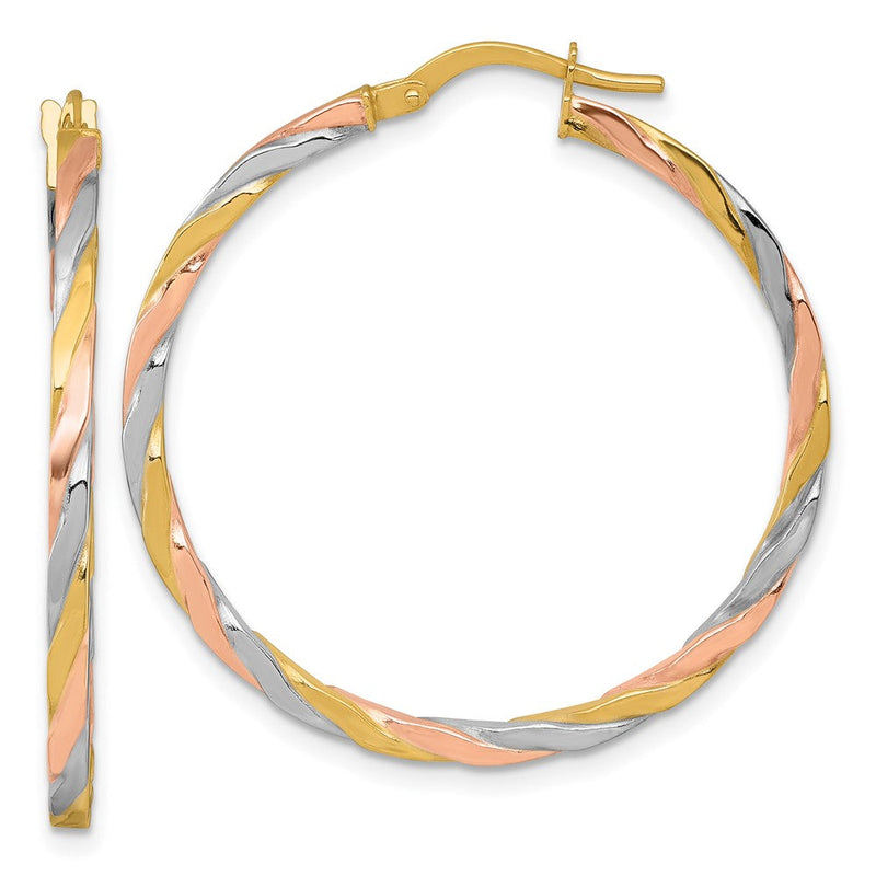 14K Gelb & Rhodium mit Rose und Weiß Rhodium Gedreht Creolen