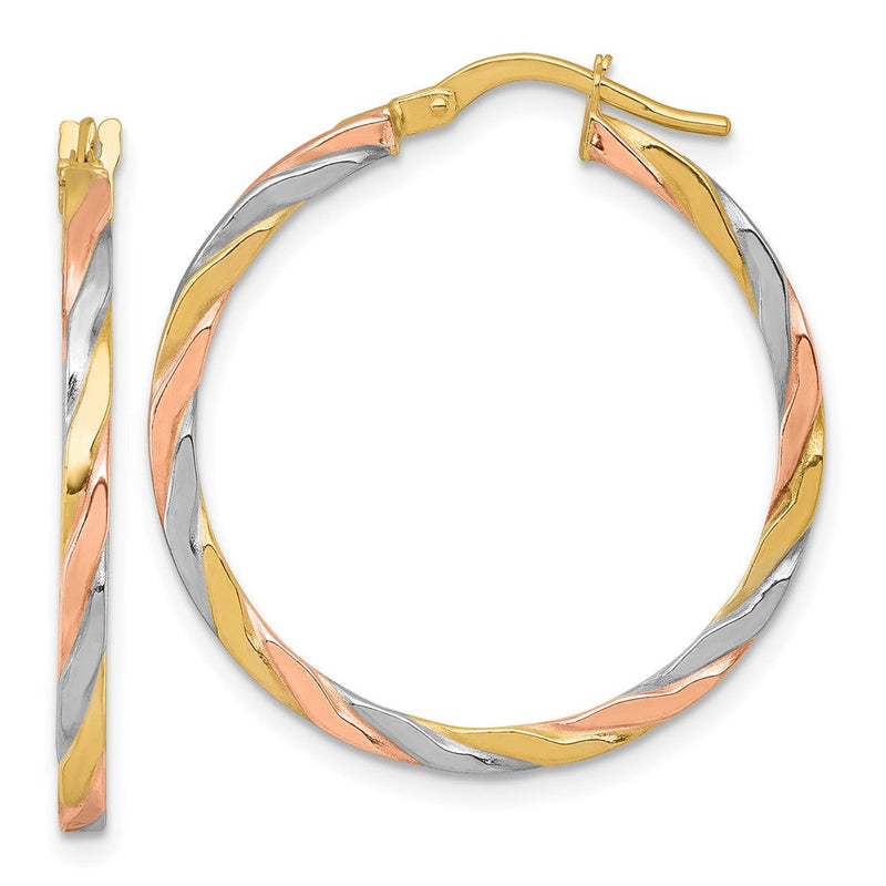14K Gelb & Rhodium mit Rose und Weiß Rhodium Gedreht Creolen