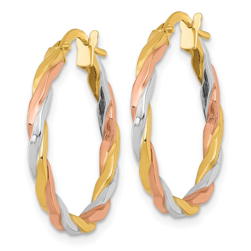 14K Gelb & Rhodium mit Rose und Weiß Rhodium Gedreht Creolen