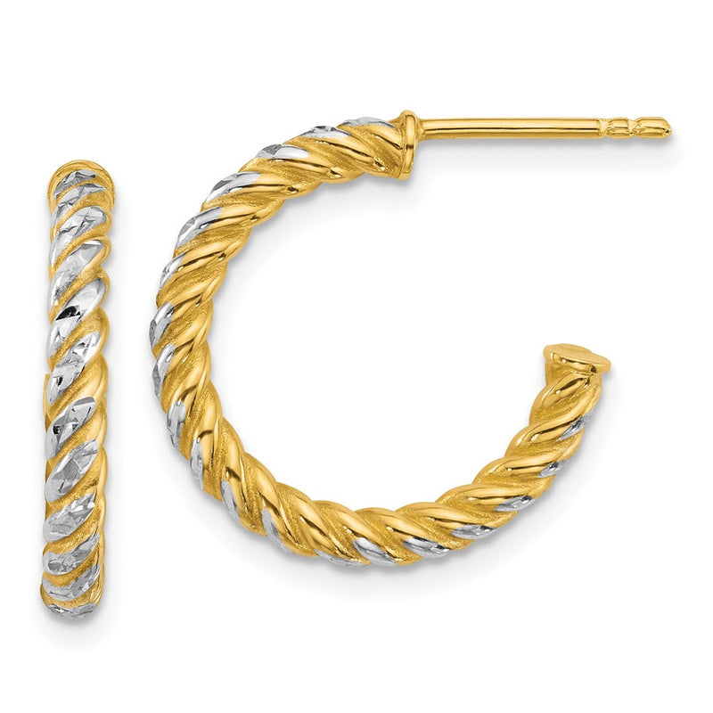14K Gelb & Rhodium mit Weiß Rhodium Poliert Diamantiert Gedreht 2.75mm Stecker Creolen