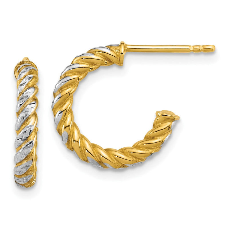 14K Gelb & Rhodium mit Weiß Rhodium Poliert Diamantiert Gedreht 2.75mm Stecker Creolen