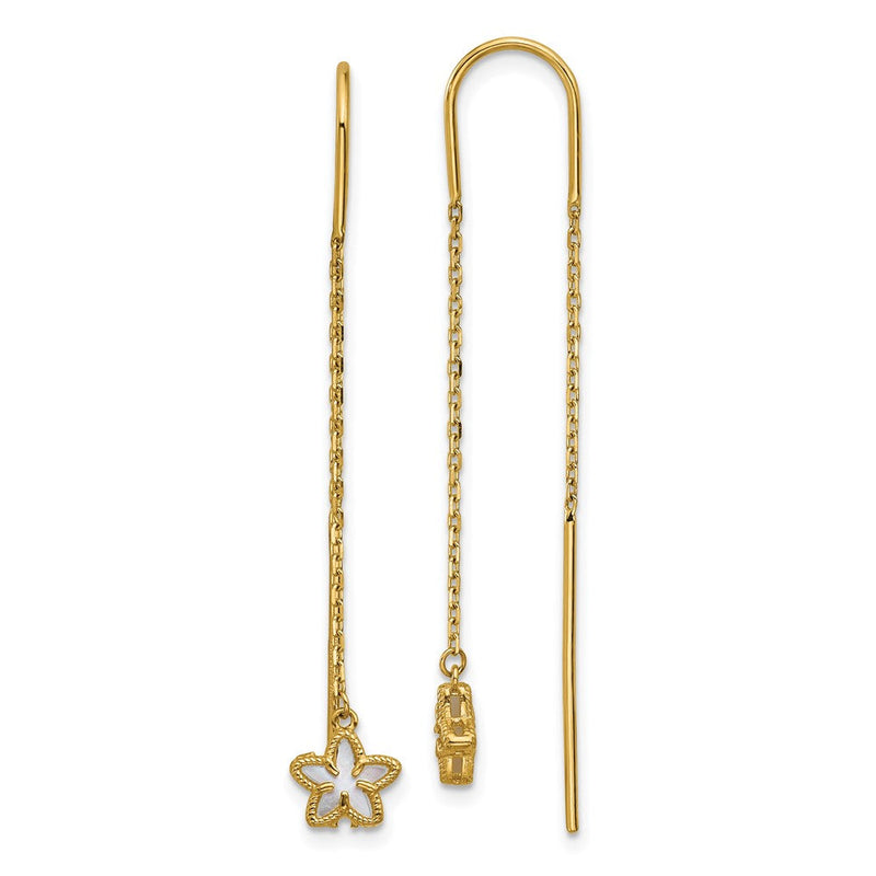 14K Gelbgold Poliert Perlmutt Blume Ankerkette Kette Durchzieher-Ohrringe
