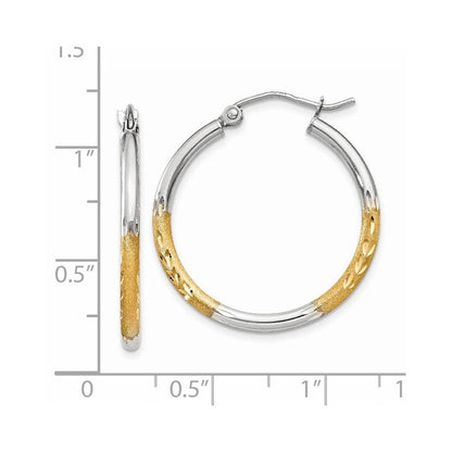 14K Gelb & Rhodium mit Weiß 2mm Satiniert und Poliert Diamantiert Creolen