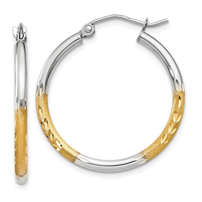 14K Gelb & Rhodium mit Weiß 2mm Satiniert und Poliert Diamantiert Creolen