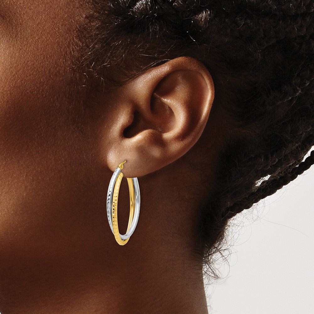 14K Bicolor Diamantiert Poliert Oval Creole Ohrring