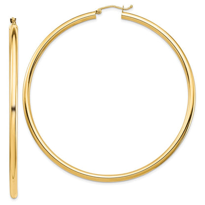14K Gelbgold Poliert 3x70mm Leicht Rund Röhre Creolen
