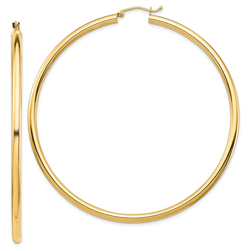 14K Gelbgold Poliert 3x70mm Leicht Rund Röhre Creolen