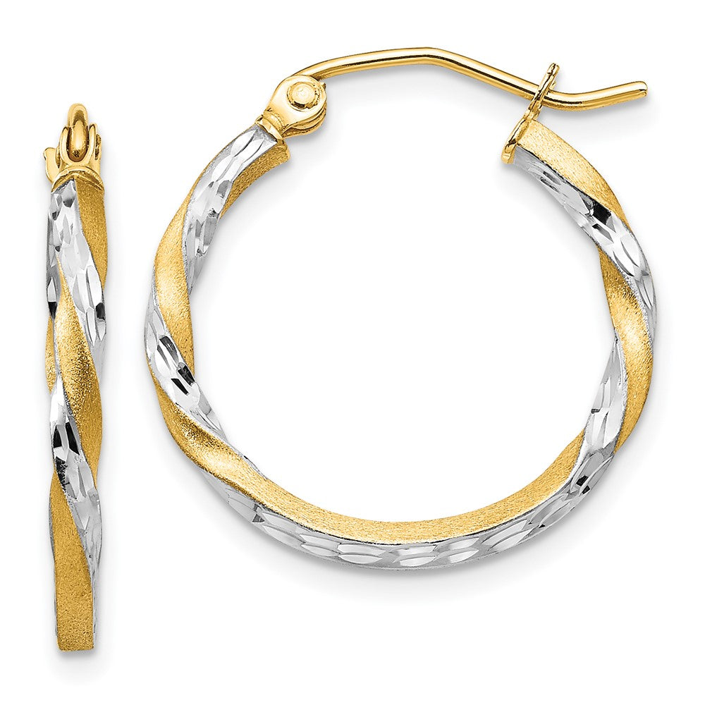 14K Gelb & Rhodium Satiniert Diamantiert Gedreht Creolen