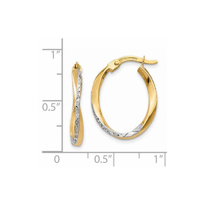14K Gelb & Rhodium mit Weiß Strukturiert und Poliert Oval Creolen
