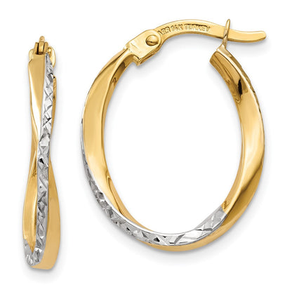 14K Gelb & Rhodium mit Weiß Strukturiert und Poliert Oval Creolen