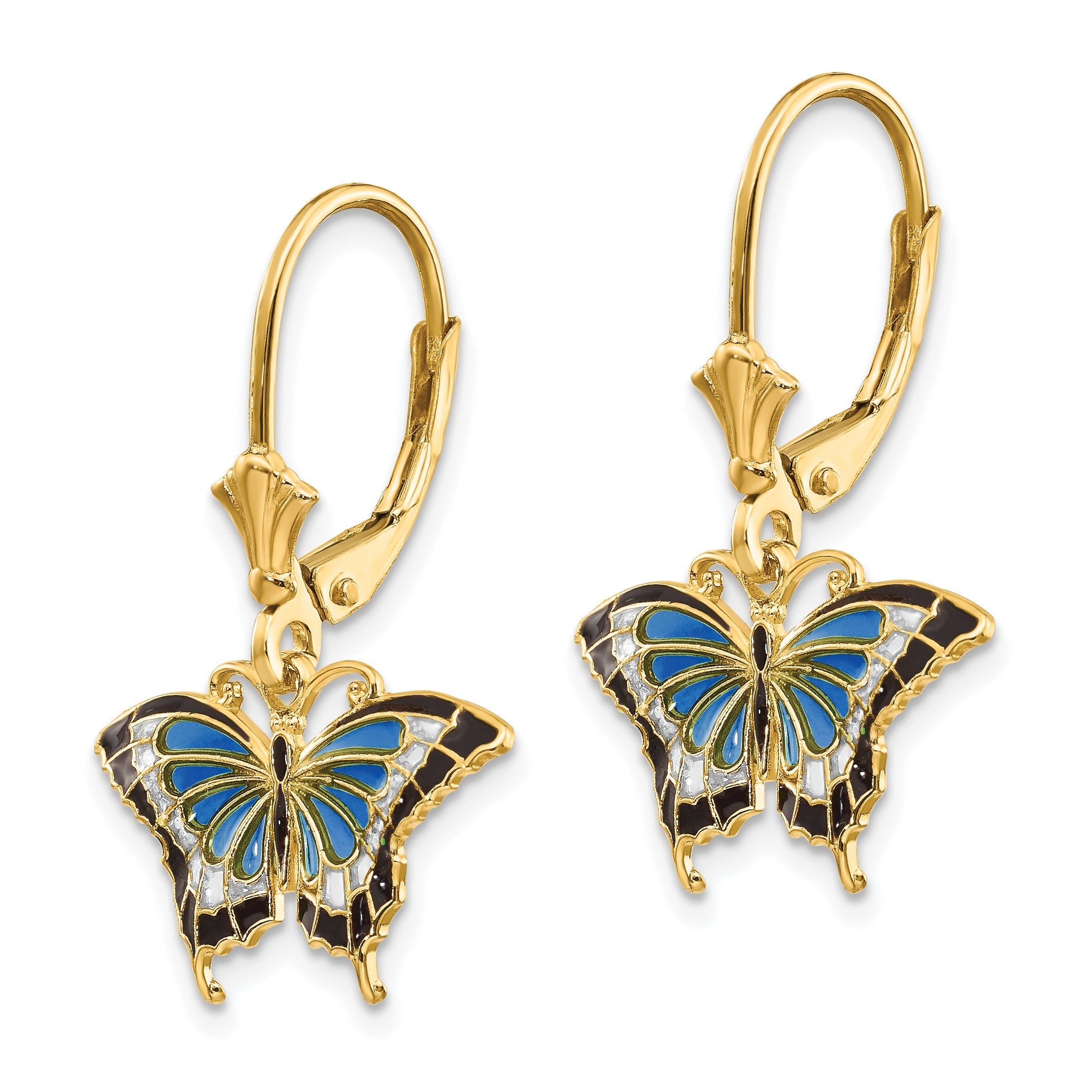 14K Gelbgold mit Aqua Emailliert Flügel Schmetterling Ohrhänger mit Brisur
