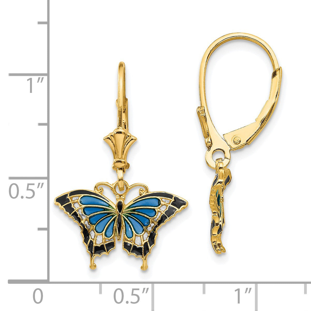14K Gelbgold mit Aqua Emailliert Flügel Schmetterling Ohrhänger mit Brisur