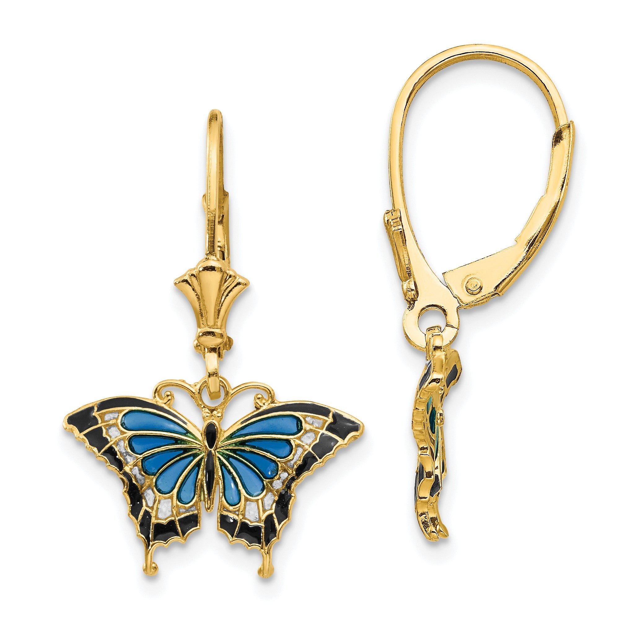 14K Gelbgold mit Aqua Emailliert Flügel Schmetterling Ohrhänger mit Brisur