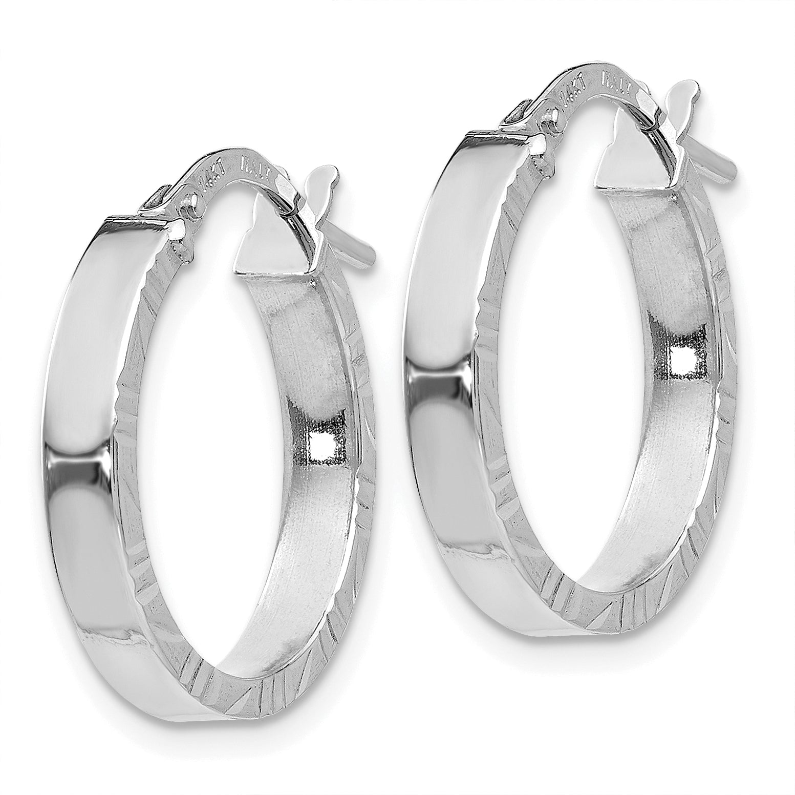 14K Weißgold Diamantiert Kante Groß 3mm Poliert Creolen