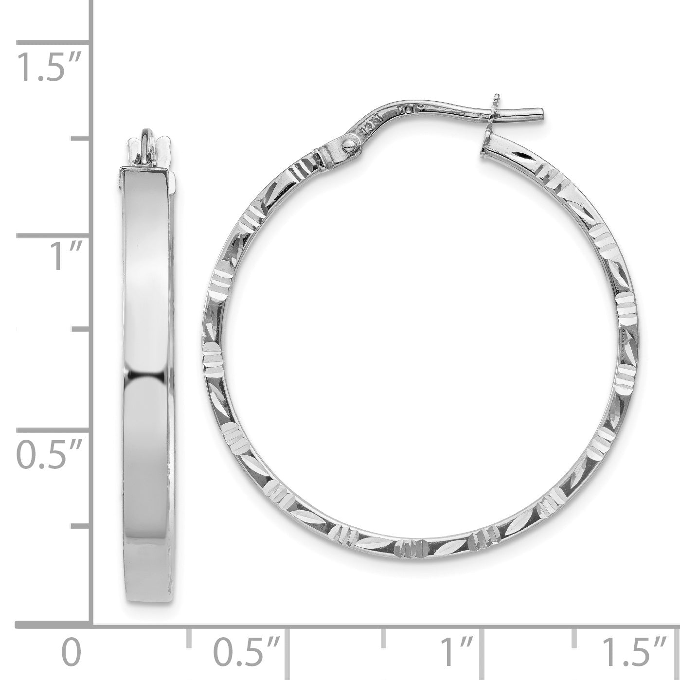 14K Weißgold Diamantiert Kante Groß 3mm Poliert Creolen