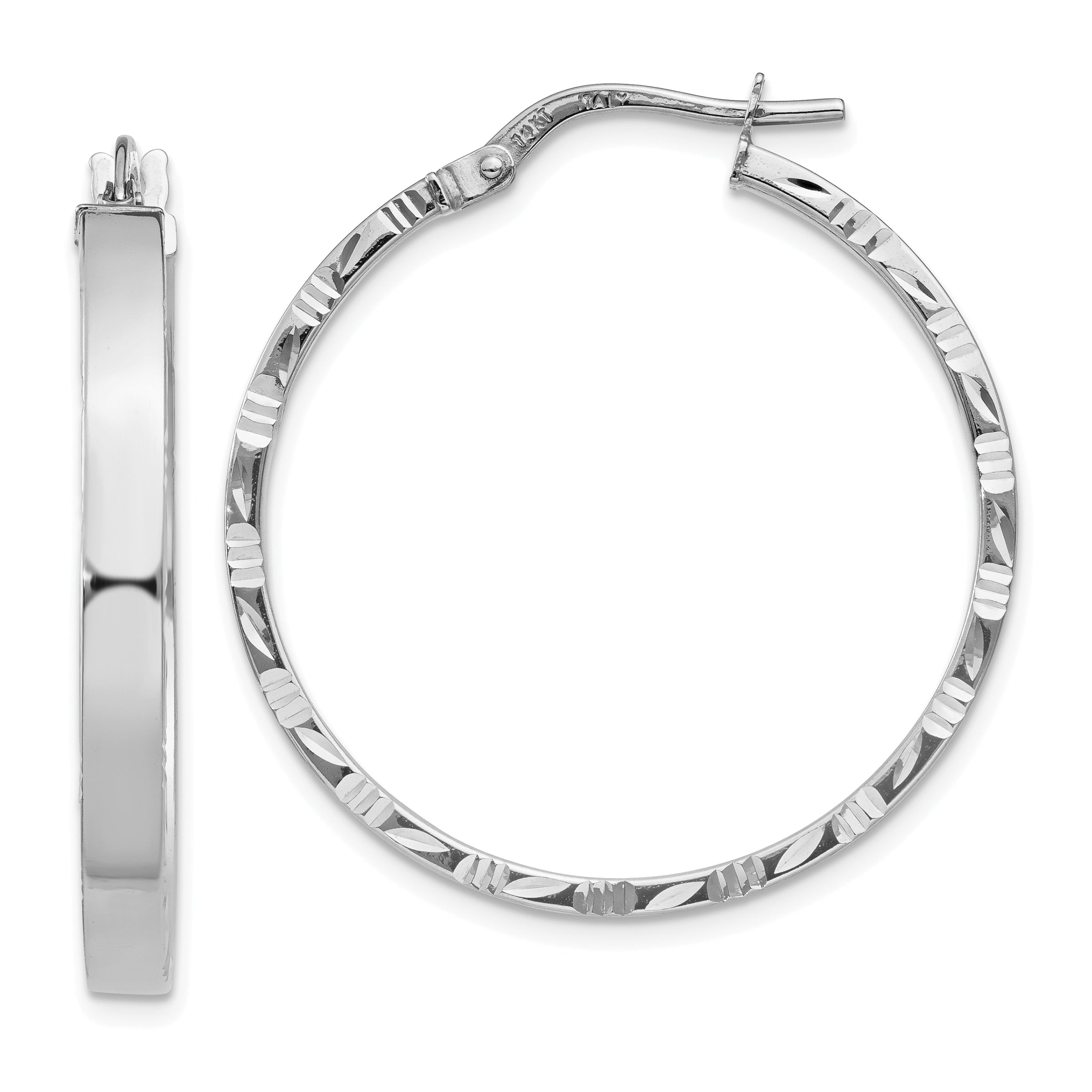 14K Weißgold Diamantiert Kante Groß 3mm Poliert Creolen