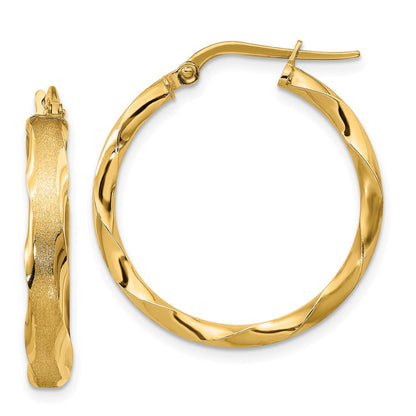 14K Gelbgold Satiniert und Poliert Gewellt Kante Creolen