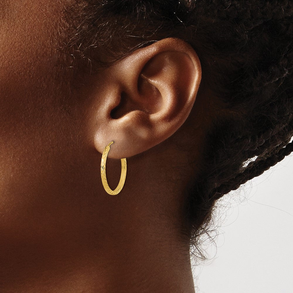 14K Gelbgold Diamantiert Quadratisch Röhre Endlos Creolen