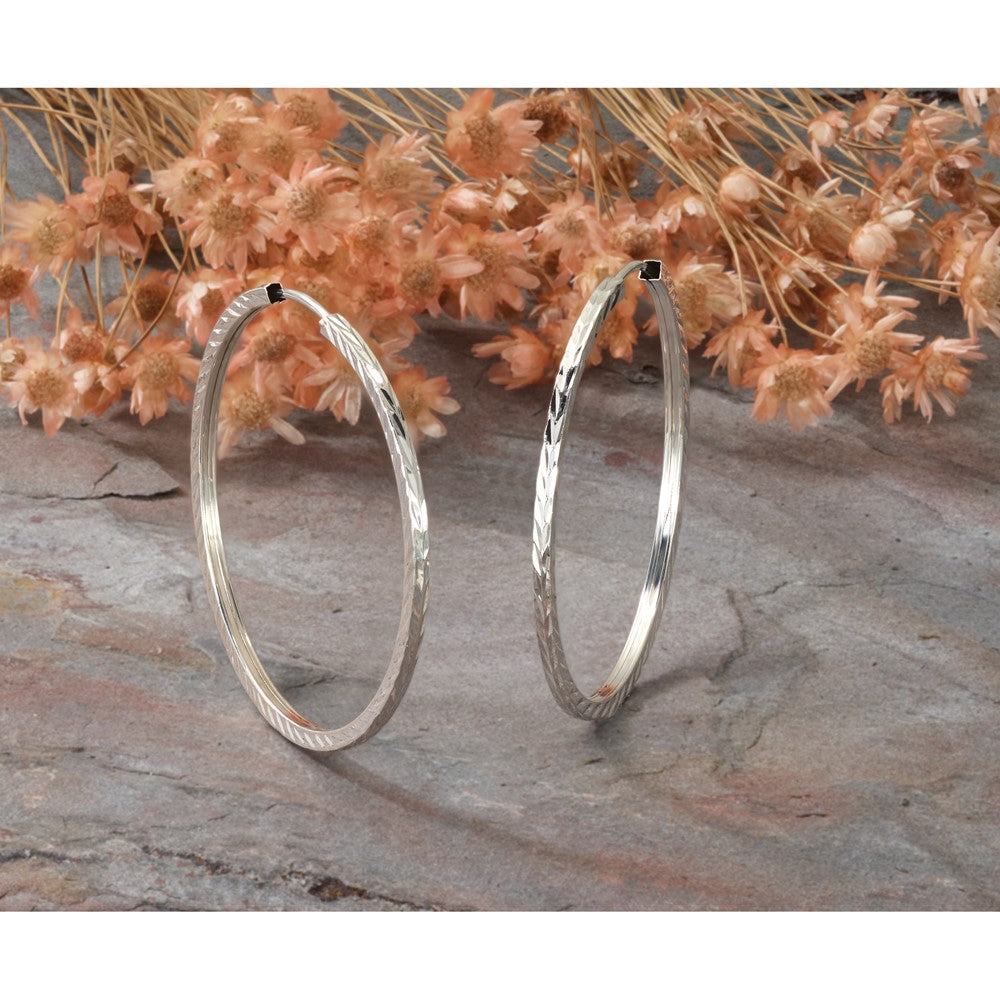 14K Weißgold Diamantiert Quadratisch Röhre Endlos Creolen