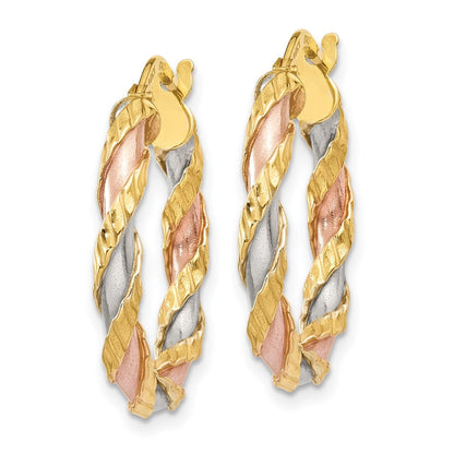14K Gelb & Rhodium mit Weiß Rose Strukturiert Gedreht Creolen