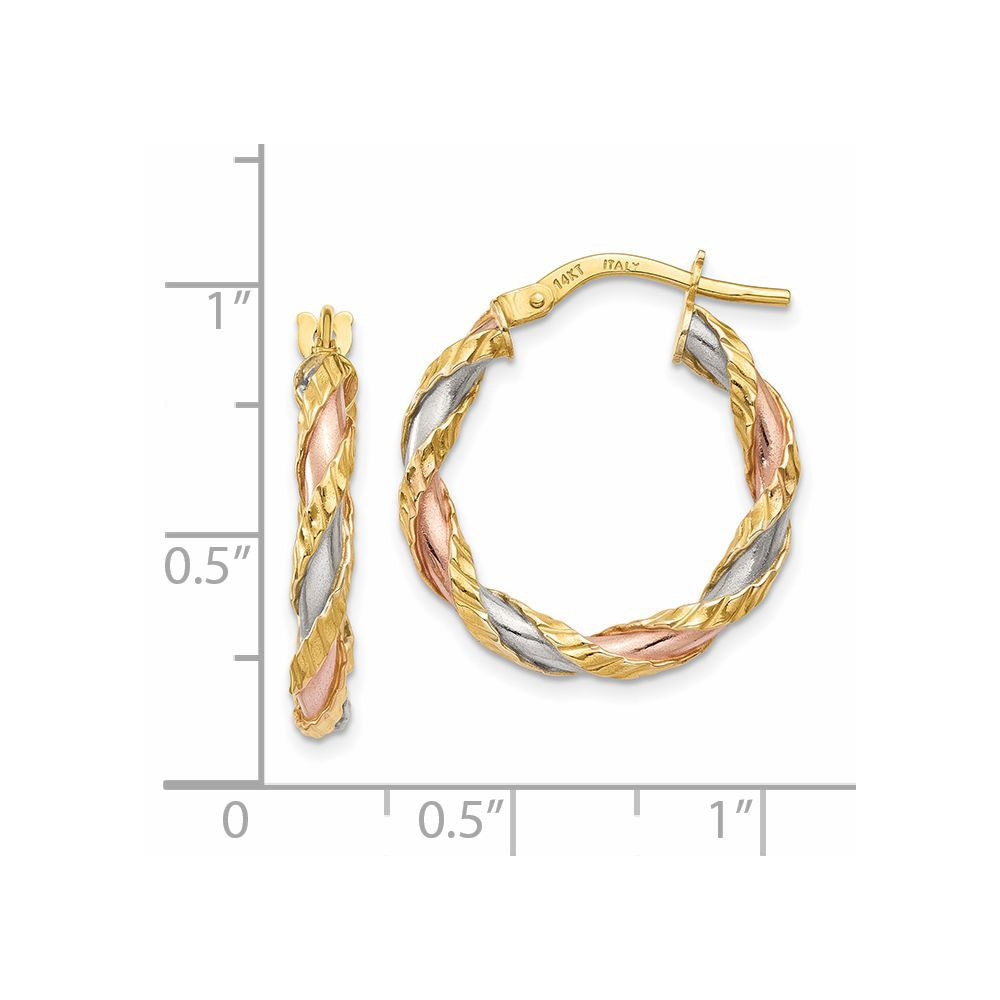 14K Gelb & Rhodium mit Weiß Rose Strukturiert Gedreht Creolen