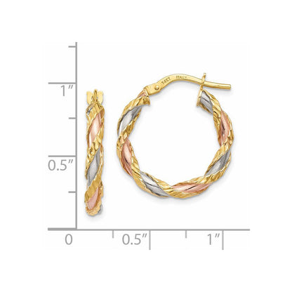 14K Gelb & Rhodium mit Weiß Rose Strukturiert Gedreht Creolen