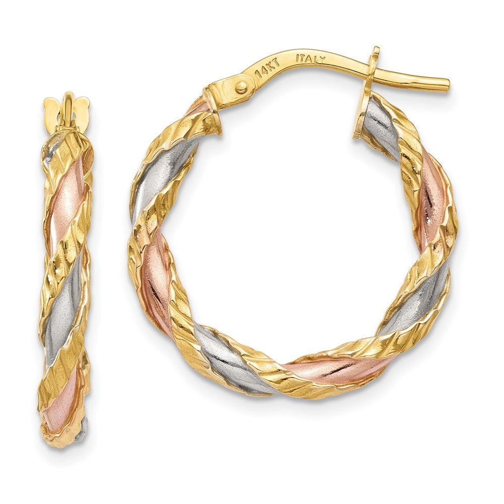 14K Gelb & Rhodium mit Weiß Rose Strukturiert Gedreht Creolen