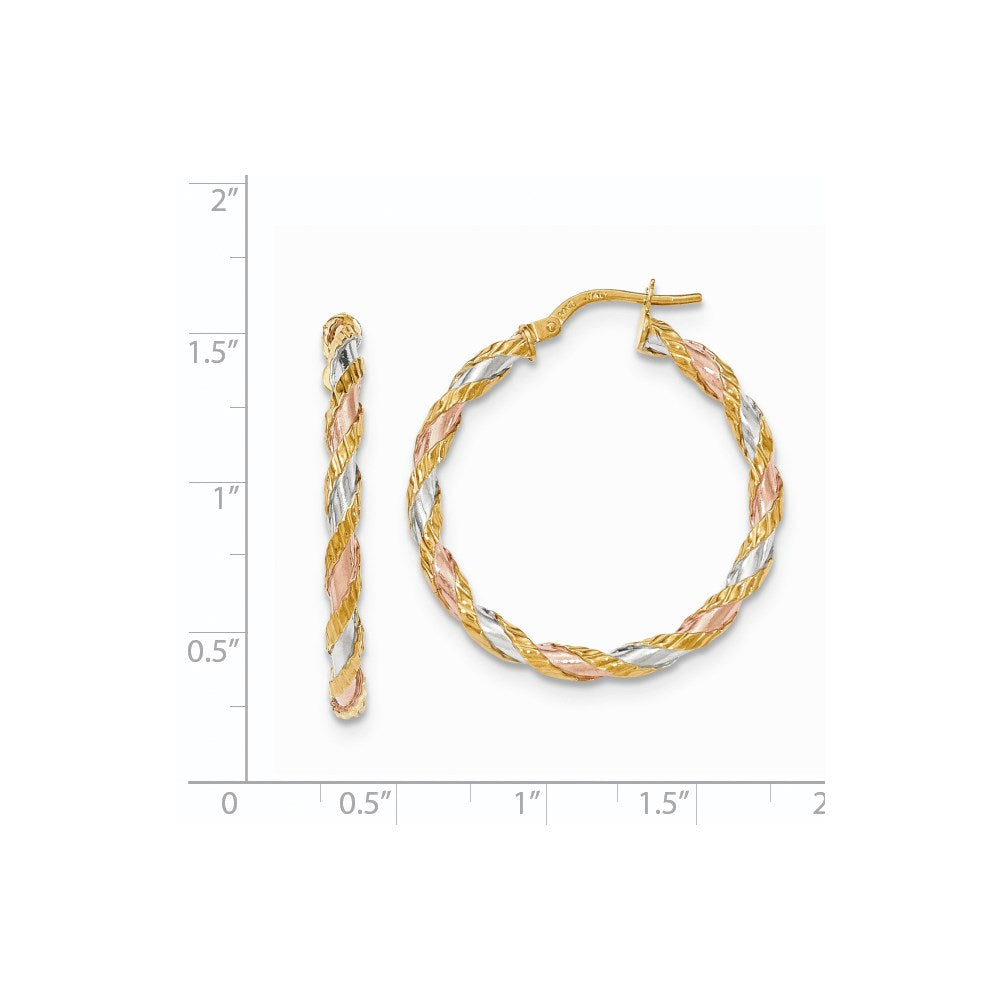14K Gelb & Rhodium mit Weiß Rose Strukturiert Gedreht Creolen