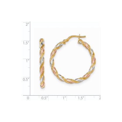 14K Gelb & Rhodium mit Weiß Rose Strukturiert Gedreht Creolen