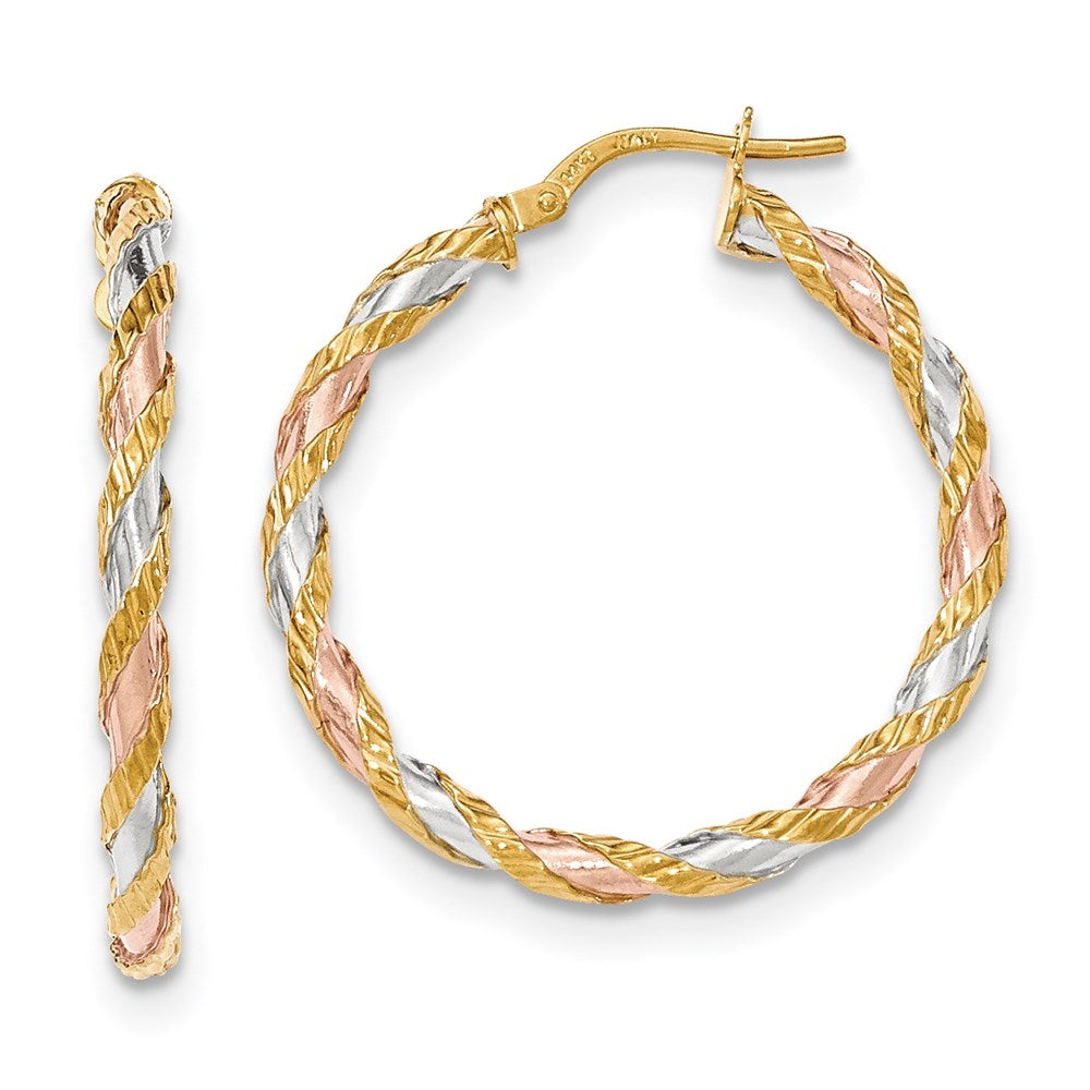 14K Gelb & Rhodium mit Weiß Rose Strukturiert Gedreht Creolen