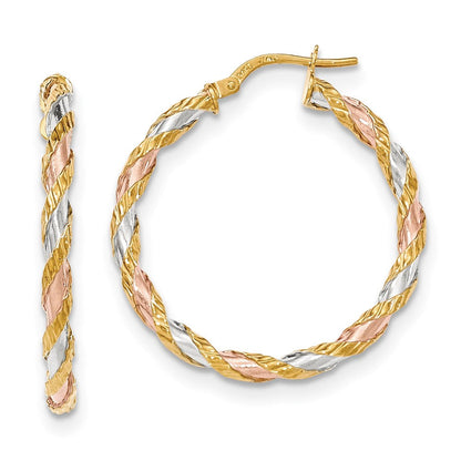 14K Gelb & Rhodium mit Weiß Rose Strukturiert Gedreht Creolen