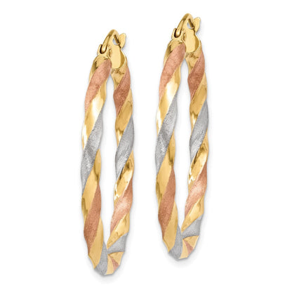 14K Gelb & Rhodium Weiß Rose Satiniert Gedreht Creolen