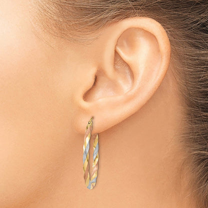 14K Gelb & Rhodium Weiß Rose Satiniert Gedreht Creolen