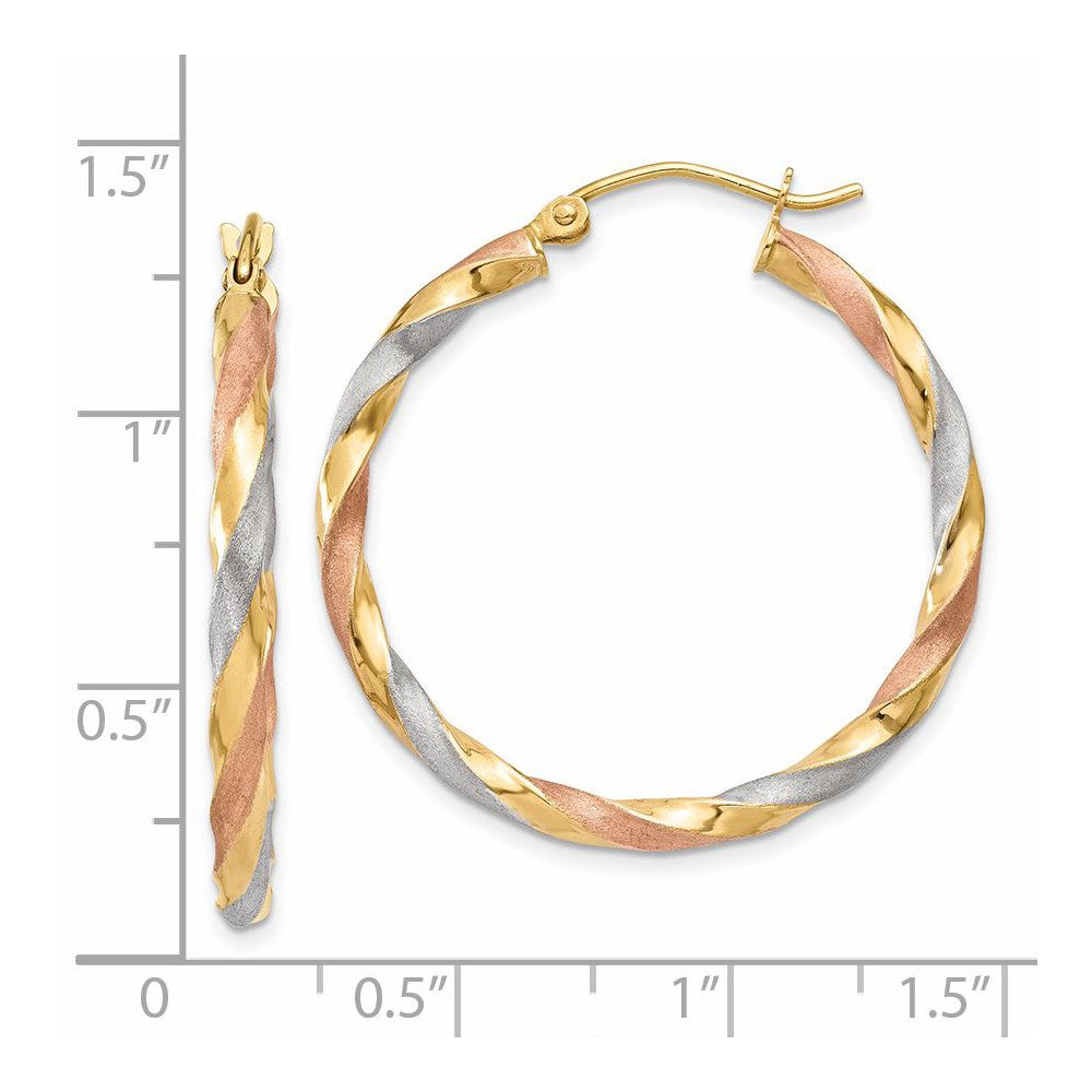 14K Gelb & Rhodium Weiß Rose Satiniert Gedreht Creolen