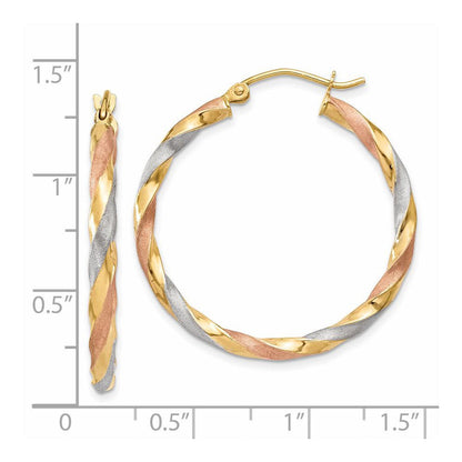 14K Gelb & Rhodium Weiß Rose Satiniert Gedreht Creolen