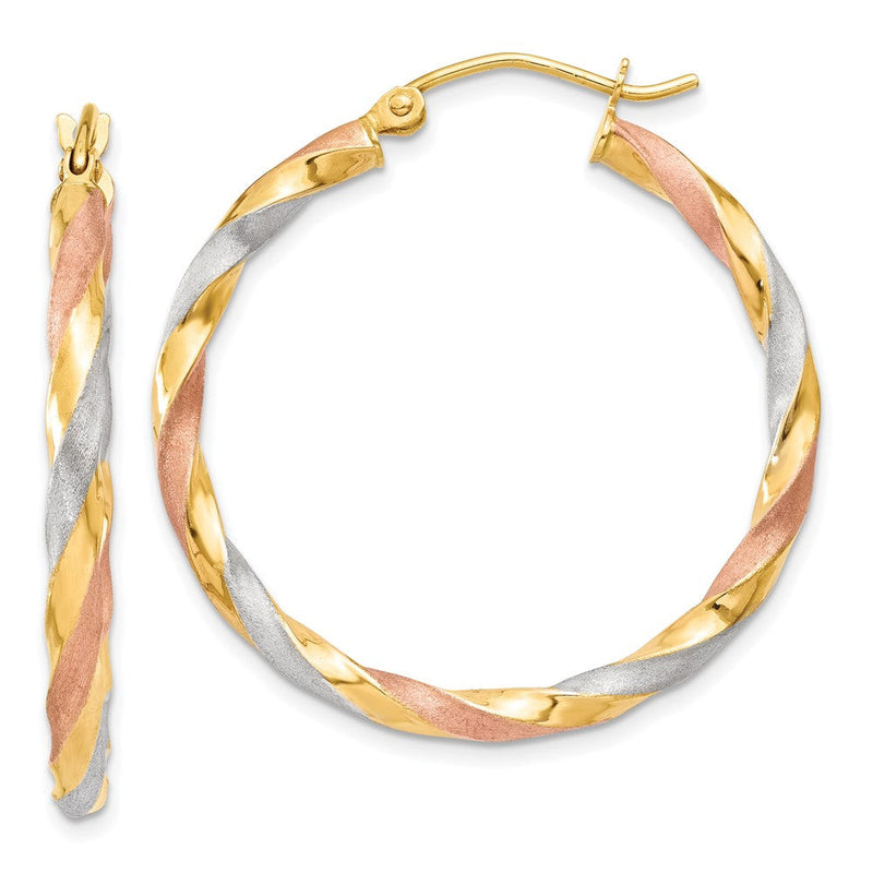 14K Gelb & Rhodium Weiß Rose Satiniert Gedreht Creolen