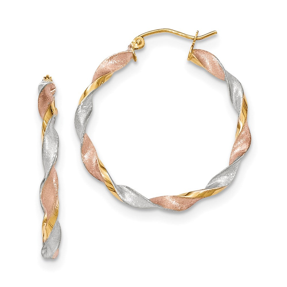 14K Gelb & Rhodium Tricolor Satiniert Gedreht Creolen