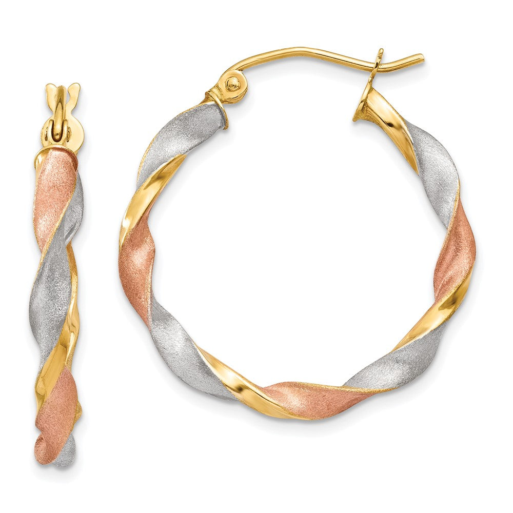 14K Gelb & Rhodium 14ky Weiß Rose Satiniert Gedreht Creolen