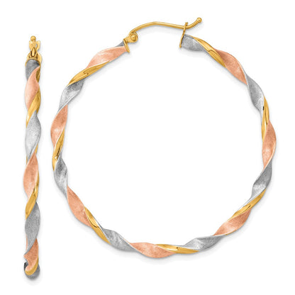 14K Gelb & Rhodium Weiß Rose Satiniert Gedreht Creolen