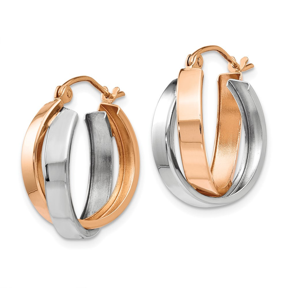 14K Bicolor Rose und Weißgold Poliert Oval Creolen