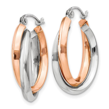 14K Bicolor Rose und Weißgold Poliert Oval Röhre Creolen