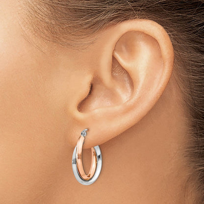 14K Bicolor Rose und Weißgold Poliert Oval Röhre Creolen