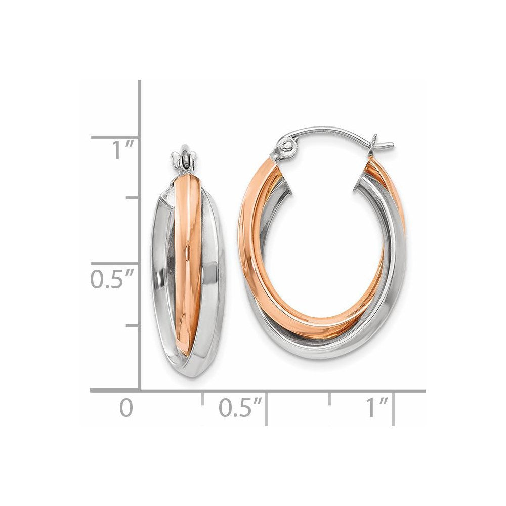 14K Bicolor Rose und Weißgold Poliert Oval Röhre Creolen