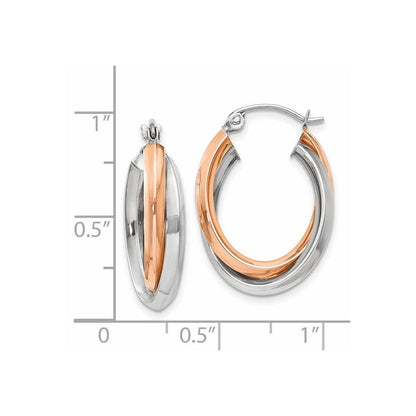 14K Bicolor Rose und Weißgold Poliert Oval Röhre Creolen