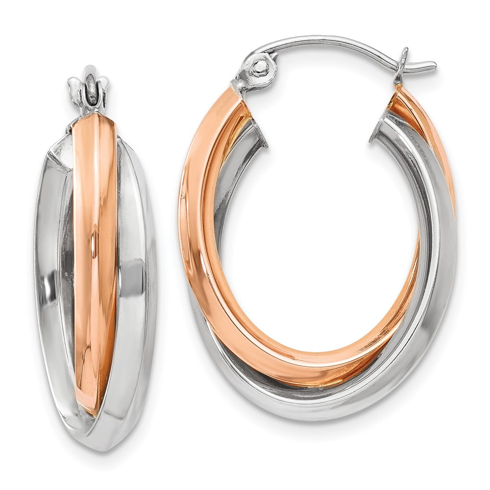 14K Bicolor Rose und Weißgold Poliert Oval Röhre Creolen