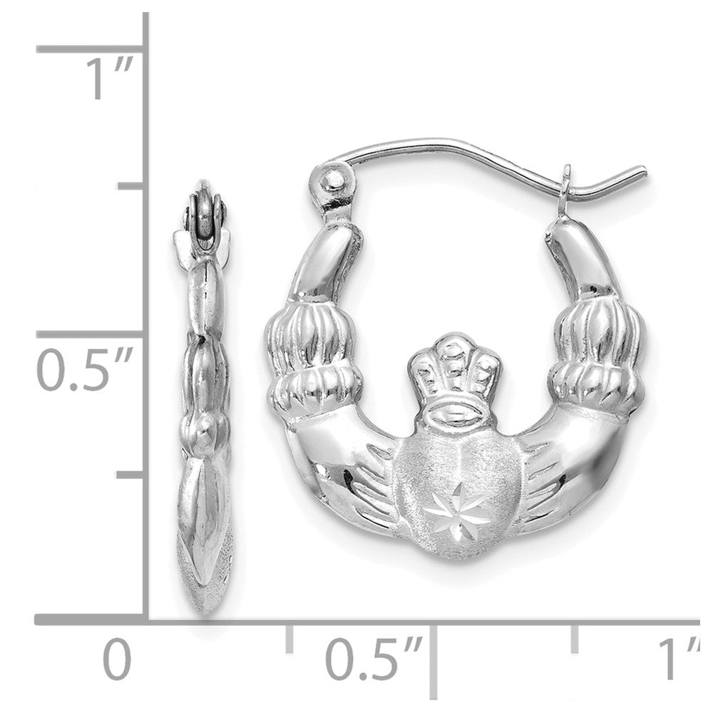 14K Weißgold Satiniert und Diamantiert Claddagh Creolen