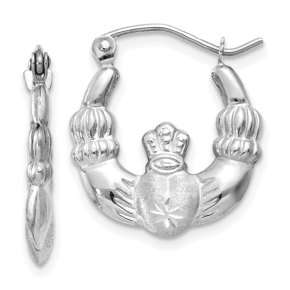 14K Weißgold Satiniert und Diamantiert Claddagh Creolen