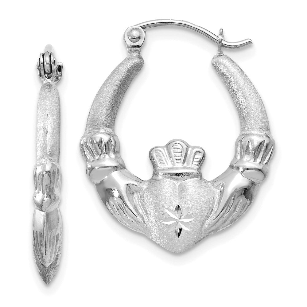 14K Weißgold Satiniert und Diamantiert Claddagh Creolen