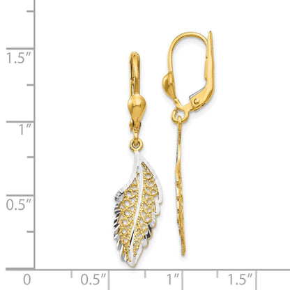 14K Gelb & Rhodium und Poliert Strukturiert Blatt Ohrhänger mit Brisur