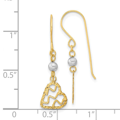 14K Bicolor Satiniert Diamantiert Herz Hängend Hirte Haken Ohrringe